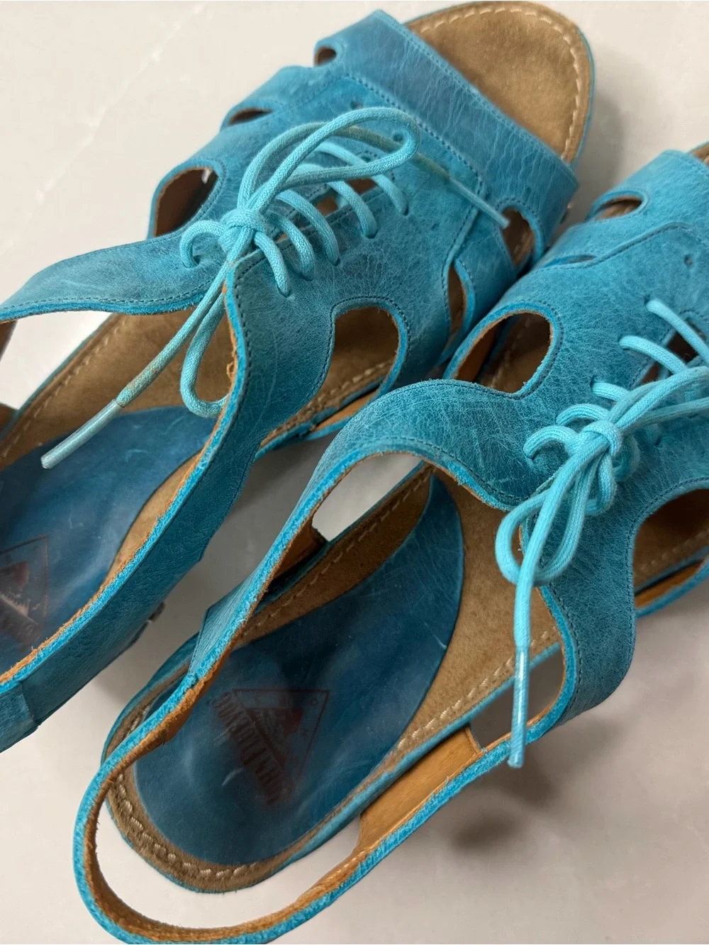 John Fluevog Joni Teal Blue Leather Wood Platform Lace Up Low Rule Sandals, 8